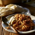 Delia Smith crumble topping served with cream on apple crumble