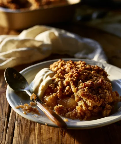 Delia Smith crumble topping served with cream on apple crumble