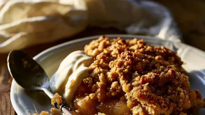 Delia Smith crumble topping served with cream on apple crumble