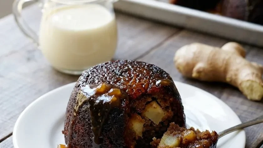 Delia Smith sticky gingerbread pudding served with ginger wine sauce and cream
