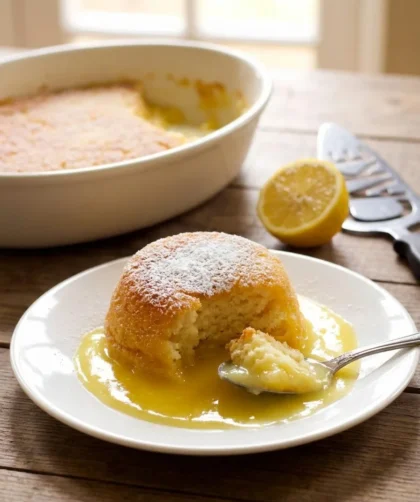 Delia Smith lemon surprise pudding served with lemon sauce and icing sugar