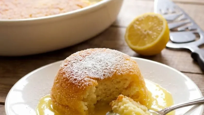 Delia Smith lemon surprise pudding served with lemon sauce and icing sugar