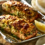 Delia Smith pesto crusted salmon served on plate with lemon