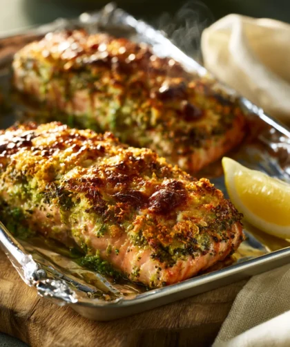 Delia Smith pesto crusted salmon served on plate with lemon