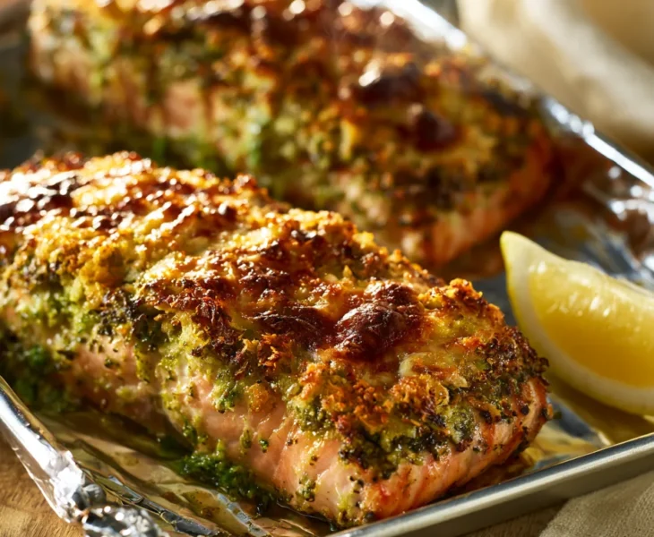 Delia Smith pesto crusted salmon served on plate with lemon