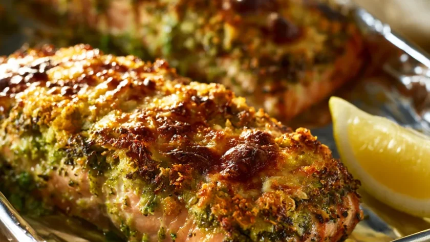 Delia Smith pesto crusted salmon served on plate with lemon