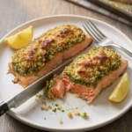 Delia Smith pesto crusted salmon with golden crust and cross-section showing layers