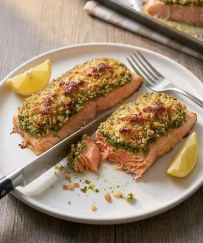 Delia Smith pesto crusted salmon with golden crust and cross-section showing layers
