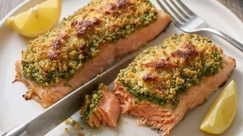 Delia Smith pesto crusted salmon with golden crust and cross-section showing layers
