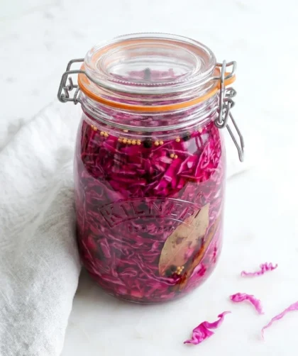 Finished pickled red cabbage in sealed Kilner jar bright pink colour