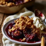 Delia Smith plum crumble served on a plate with cream