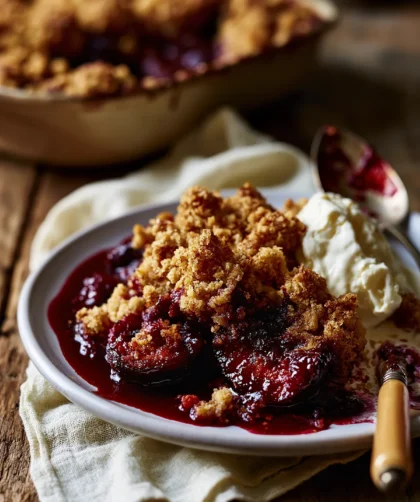 Delia Smith plum crumble served on a plate with cream