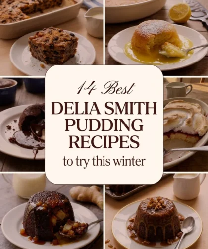 Best Delia Smith pudding recipes collage with bread pudding lemon surprise chocolate fondant queen of puddings gingerbread sticky toffee