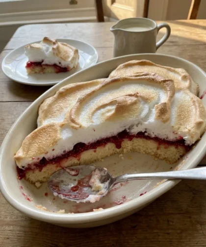 Delia Smith queen of puddings showing three layers meringue jam custard