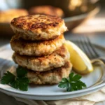 Delia Smith salmon fishcakes stacked on plate with lemon and parsley