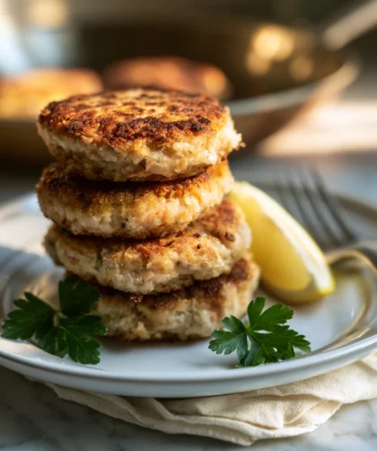 Delia Smith salmon fishcakes stacked on plate with lemon and parsley