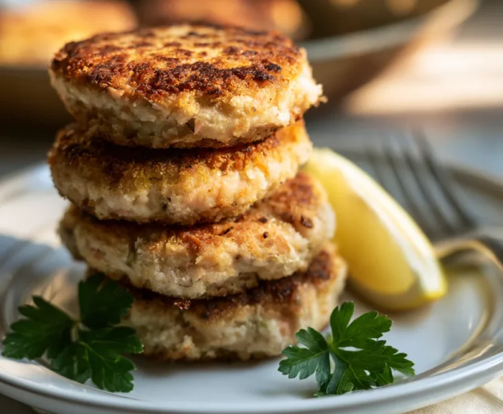 Delia Smith salmon fishcakes stacked on plate with lemon and parsley