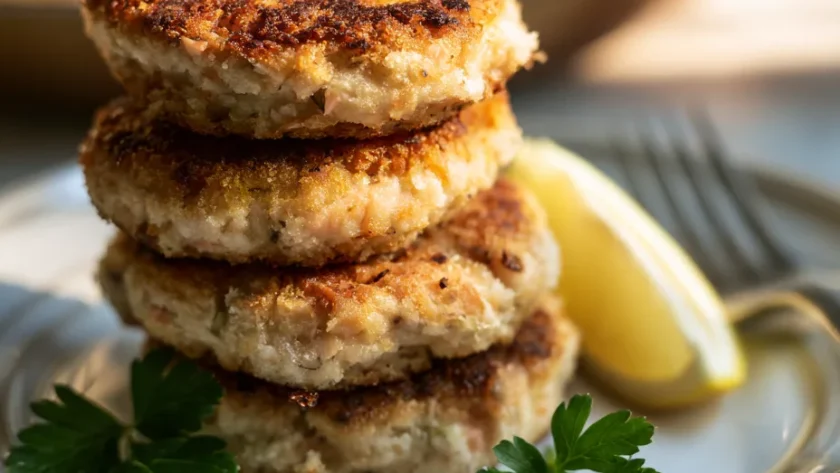 Delia Smith salmon fishcakes stacked on plate with lemon and parsley