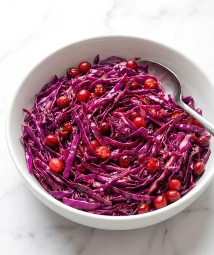 Delia Smith spiced red cabbage with cranberries served in bowl