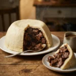 Delia Smith steak and kidney pudding cut open showing braised filling and gravy
