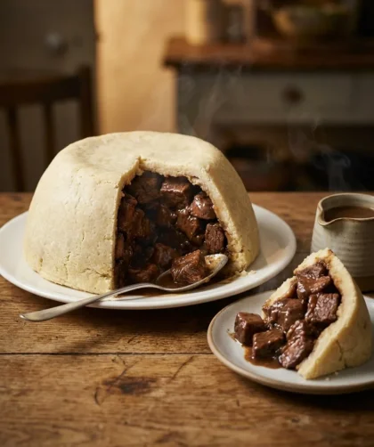 Delia Smith steak and kidney pudding cut open showing braised filling and gravy
