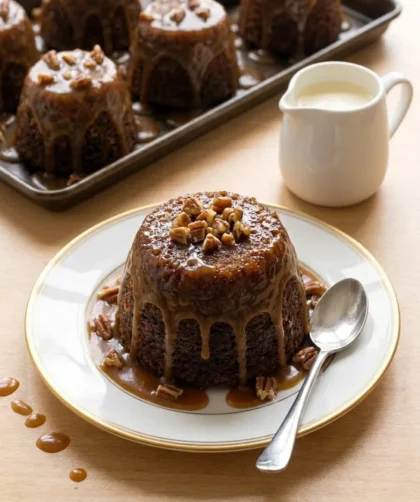 Delia Smith sticky toffee pudding served with pecan toffee sauce and cream