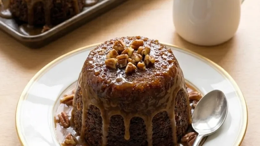 Delia Smith sticky toffee pudding served with pecan toffee sauce and cream