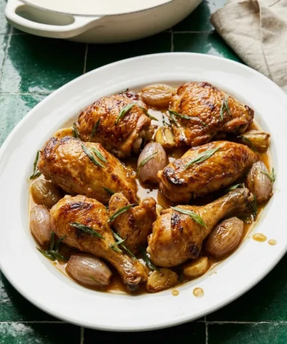 Delia Smith chicken with sherry vinegar and tarragon sauce plated on white oval dish