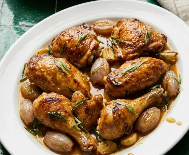 Delia Smith chicken with sherry vinegar and tarragon sauce plated on white oval dish