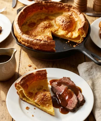Delia Smith Yorkshire puddings for 4 served with roast beef and gravy