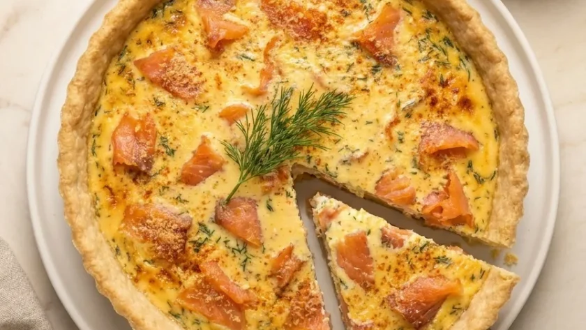 Baked smoked salmon and dill quiche with a slice cut showing salmon and dill filling