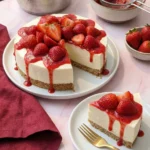 Delia Smith strawberry cheesecake topped with fresh strawberries and coulis with a slice