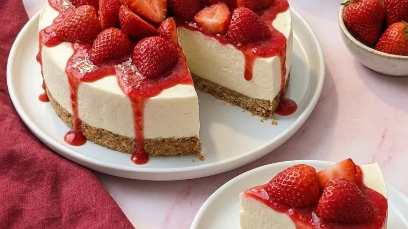 Delia Smith strawberry cheesecake topped with fresh strawberries and coulis with a slice