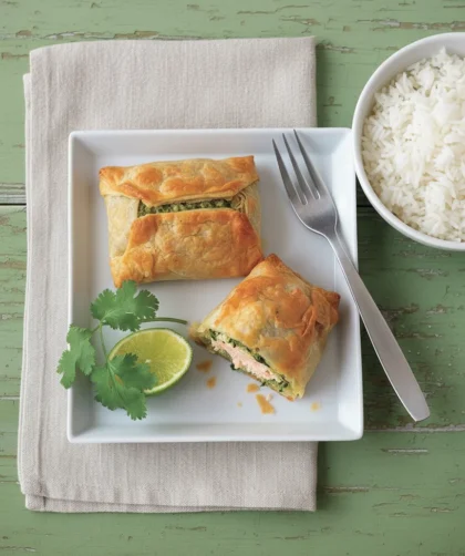 Baked Thai salmon filo parcels with herb paste and salmon inside served with jasmine rice