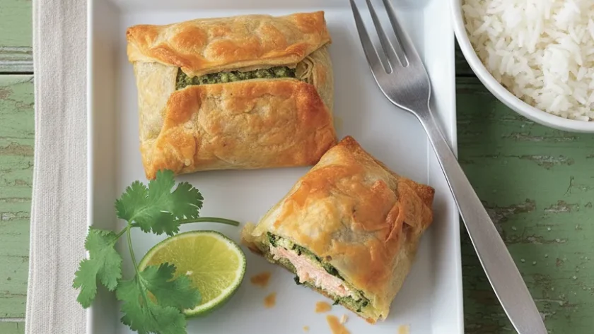 Baked Thai salmon filo parcels with herb paste and salmon inside served with jasmine rice